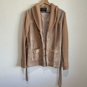 VTG 70's Womens Large Patchwork Crochet Jacket Camel Suede Leather Mobwife Tan